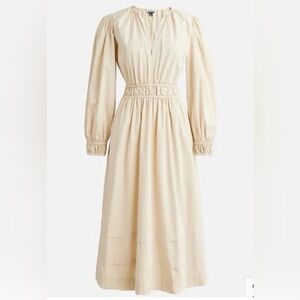 J. Crew Cream Long-Sleeve Smocked Waist Midi Dress